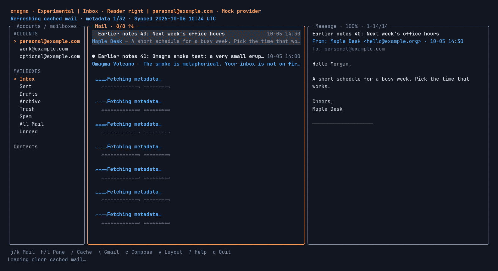 Terminal capture of fictional mail loading: placeholder rows fill in with messages while a batch counter advances.