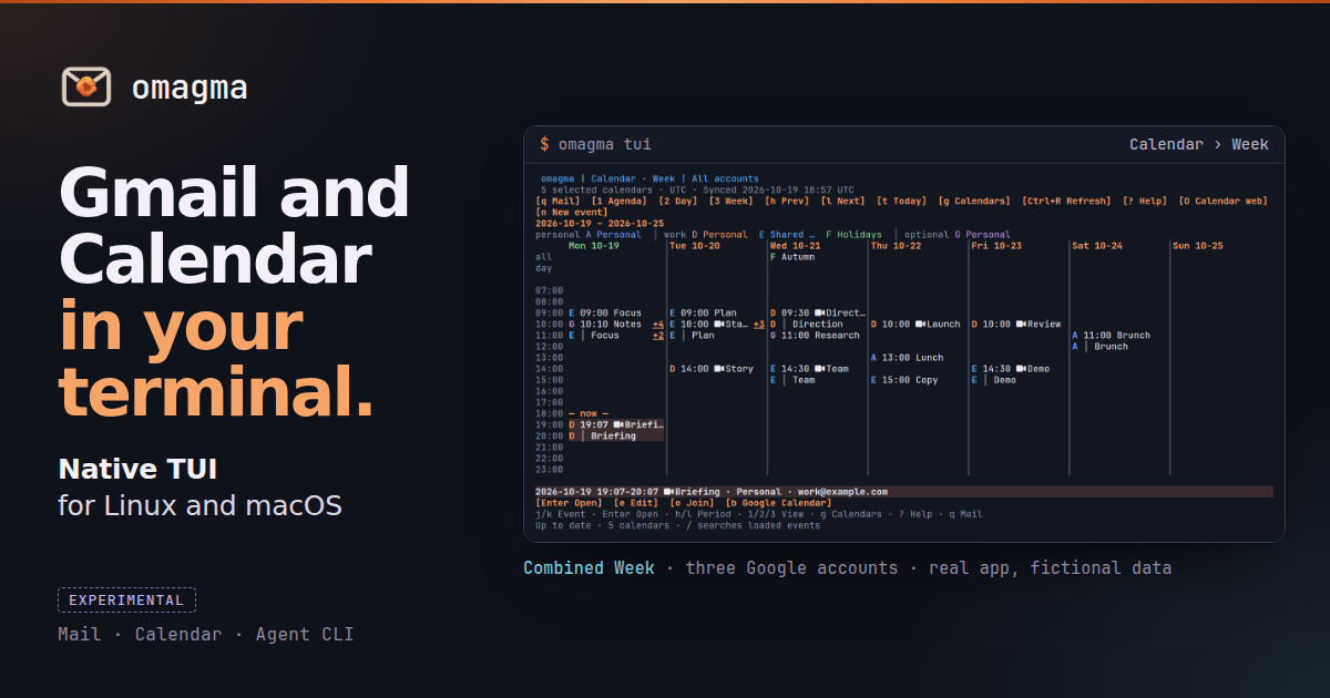 Omagma — Gmail and Google Calendar in your Linux or macOS terminal. Plan meetings, invite guests…