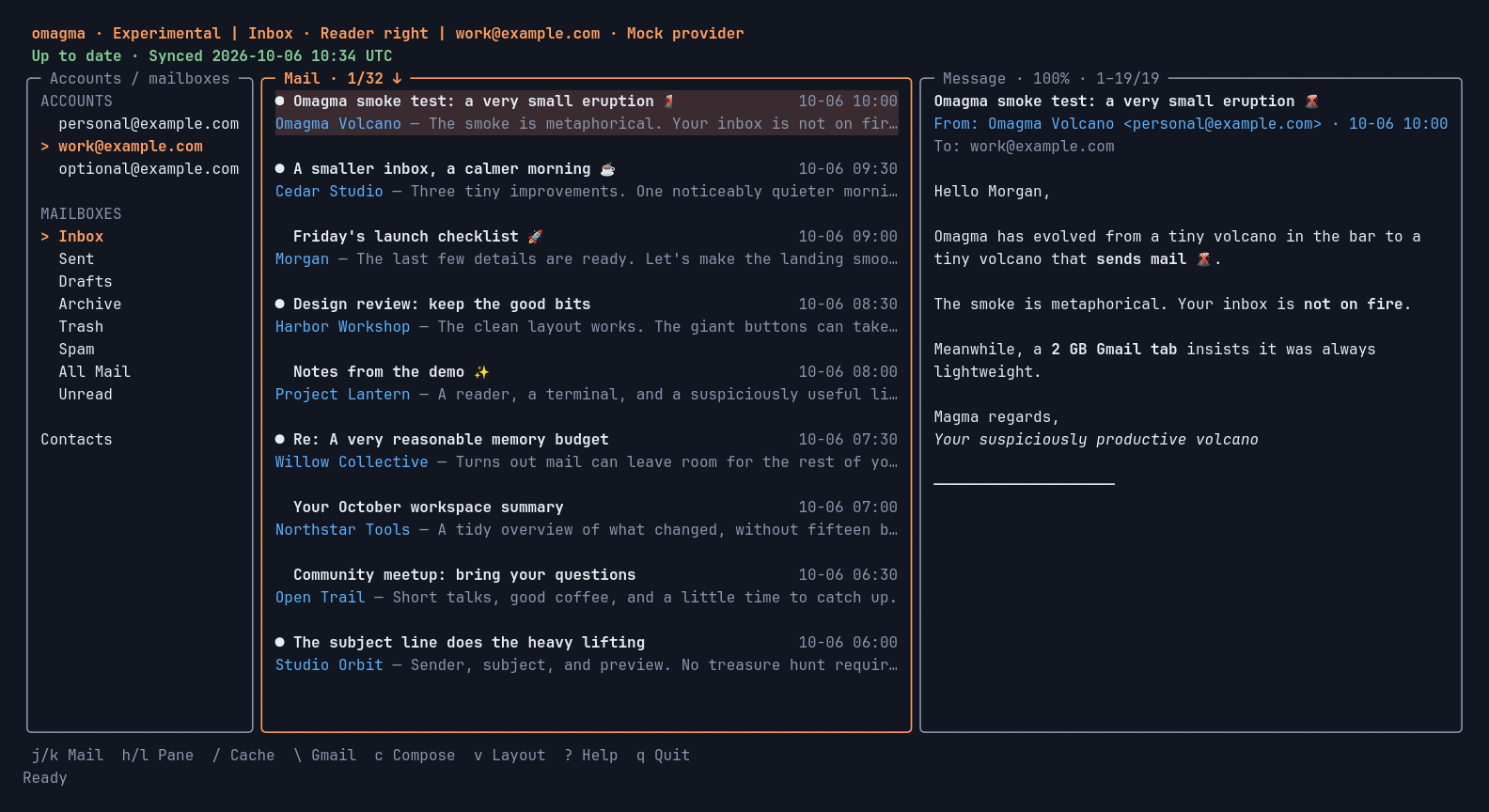 The experimental Omagma terminal client showing fictional demo mail: accounts and mailboxes, a message list, and a reader pane.