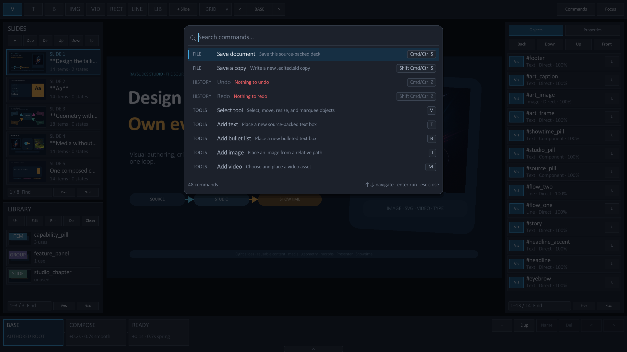 Studio command list showing save, history, authoring, presentation, and tool commands