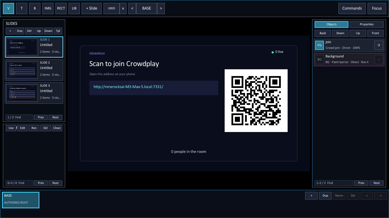 Crowdplay join panel with a local address, QR code, and participant count