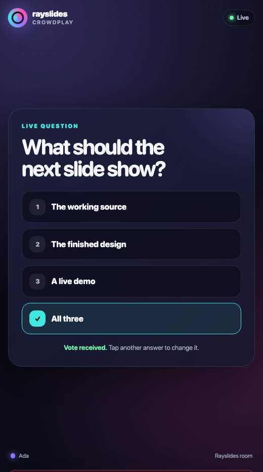 Crowdplay audience voting screen with All three selected