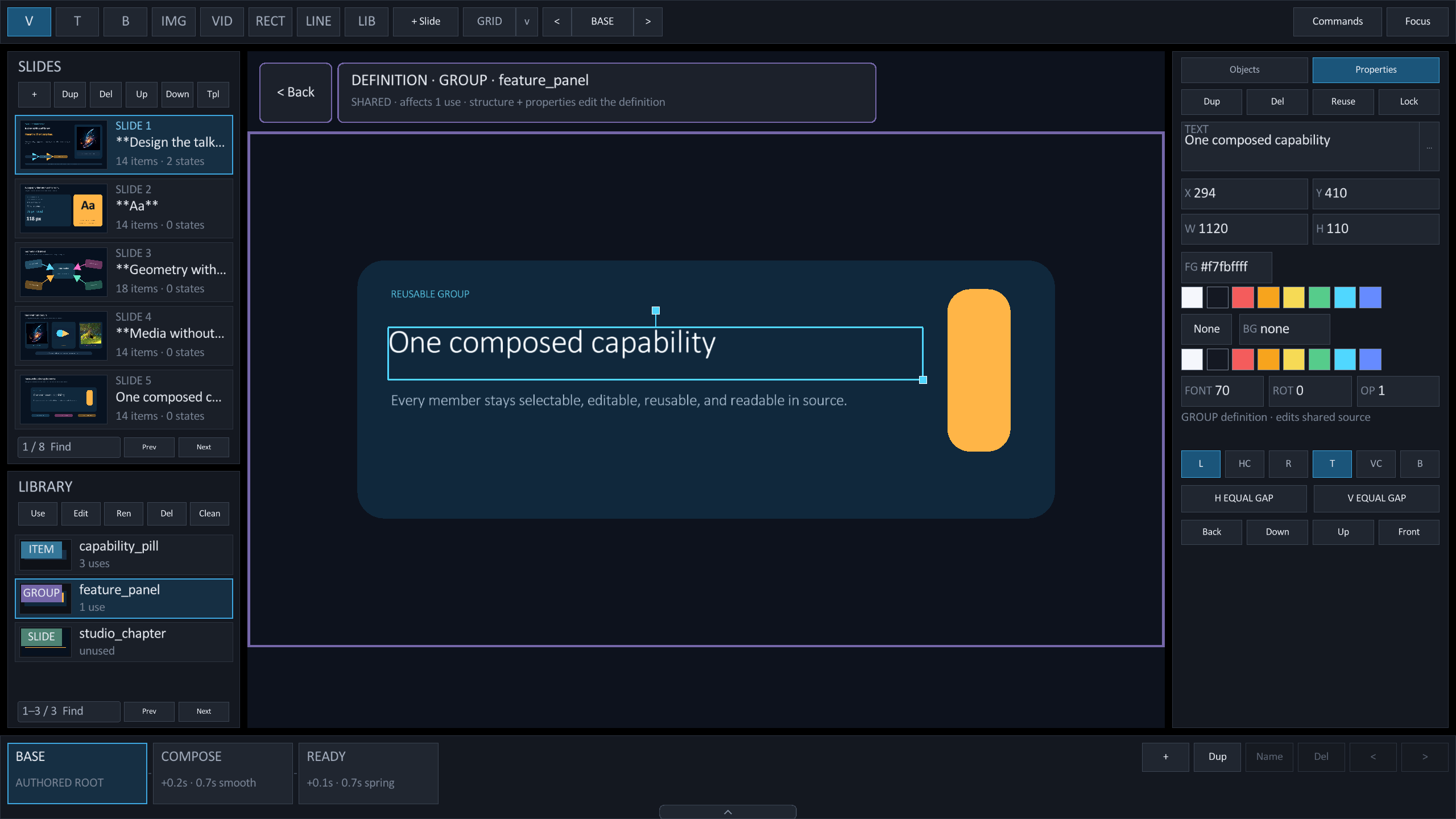 Definition mode with a reusable group title selected and its shared Properties open