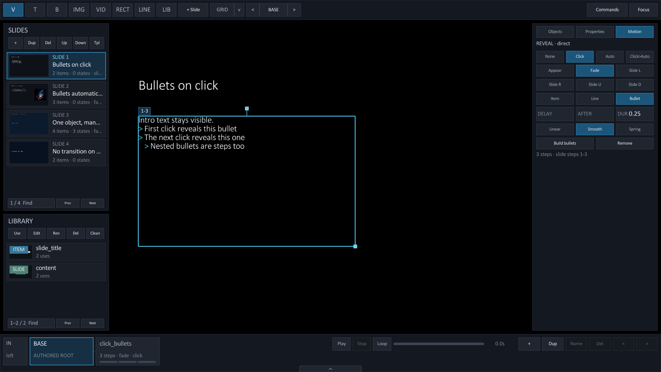 Studio with a bullet box selected and the Motion tab showing the Reveal section with trigger, effect, grouping, delay, and easing controls