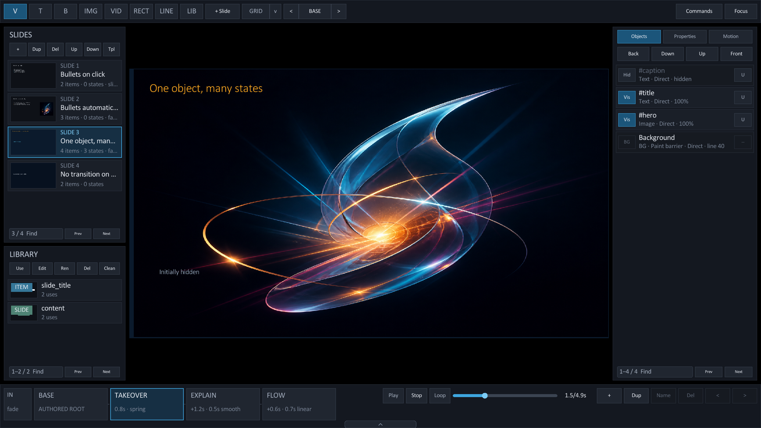 Studio mid-preview with the Pause, Stop, and Loop transport, a scrubber, and a time readout in the timeline