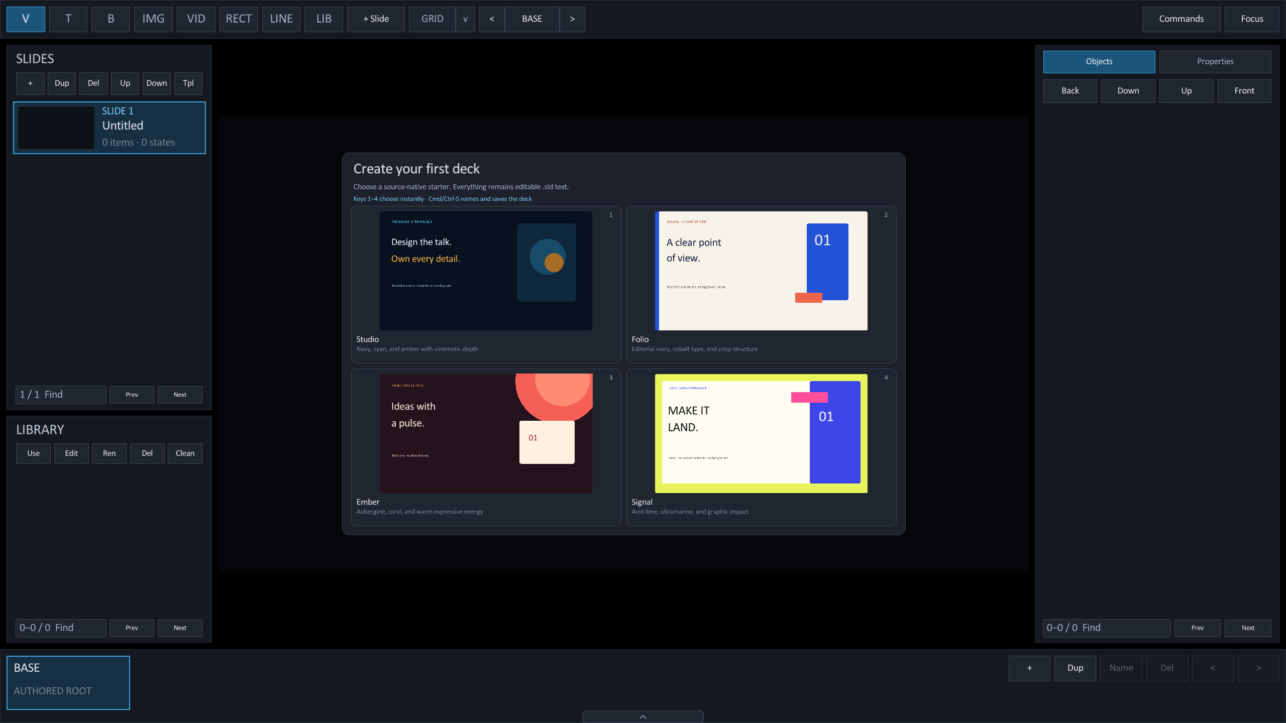 Rayslides new-deck chooser with Studio, Folio, Ember, and Signal starters
