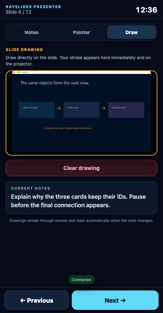 Presenter Companion Draw mode with slide preview and Clear drawing button