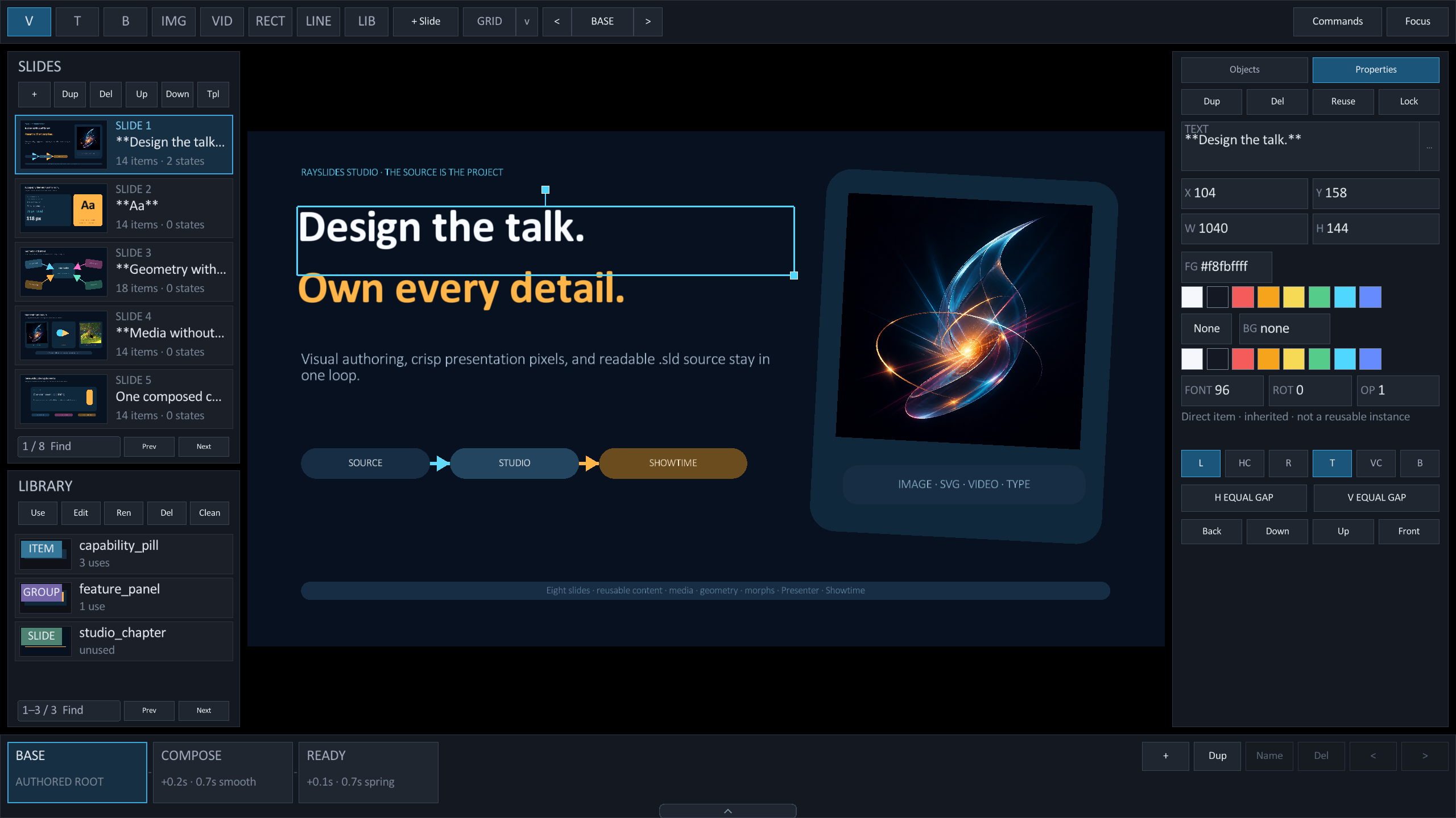 Rayslides Studio editing the showcase with slides, Library entries, a selected title, Properties, and morph states visible
