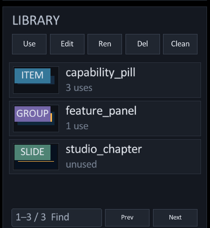 Library panel with current Item, Group, and Slide entries plus management controls