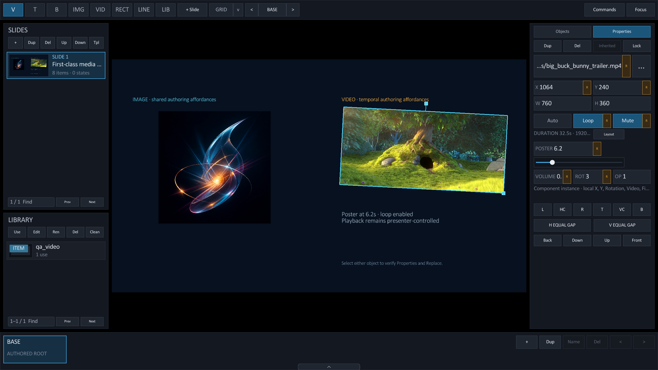 Studio with a rotated Big Buck Bunny video selected and the three-dot replacement, loop, mute, duration, poster, volume, rotation, and opacity controls visible