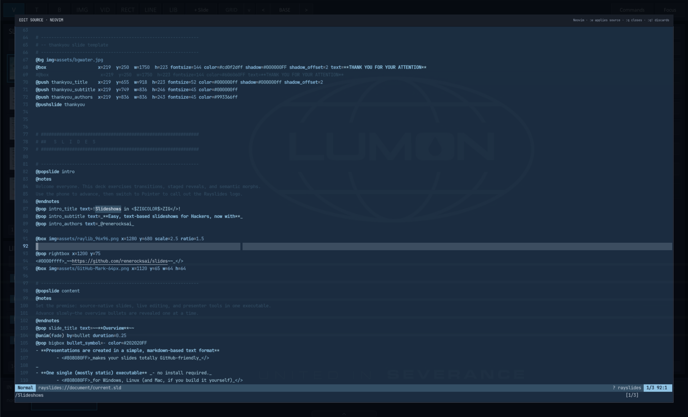 Rayslides Studio showing the embedded Neovim whole-document editor with highlighted .sld source, Normal mode, and the private Rayslides document URI