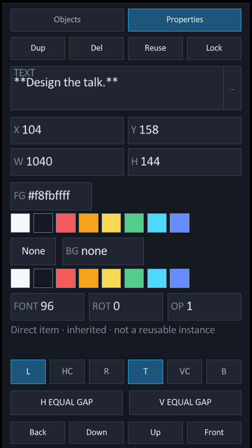 Properties panel with Duplicate, Delete, Reuse, Lock, geometry, color, rotation, opacity, alignment, and layer controls