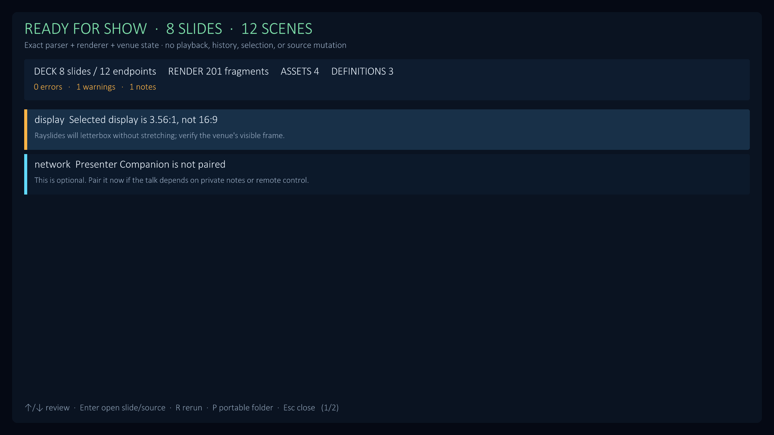 Showtime preflight overlay reporting eight slides, twelve scenes, four assets, three reusable definitions, and venue notes